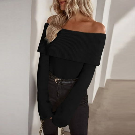 Womens off the Shoulder Sweater Fall Clothes Long Sleeve Tops Winter Ribbed Pullover Knit Outfits Fashion Clothing, Christmas Gifts