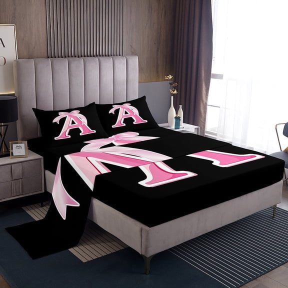 Erosebridal Initial Letter A Sheet Set Twin, Black Pink Bedding Sets Twin Size, Kawaii Bow-tie Reversible Twin Sheet Sets, Lightweight Room Decorative, 3pcs