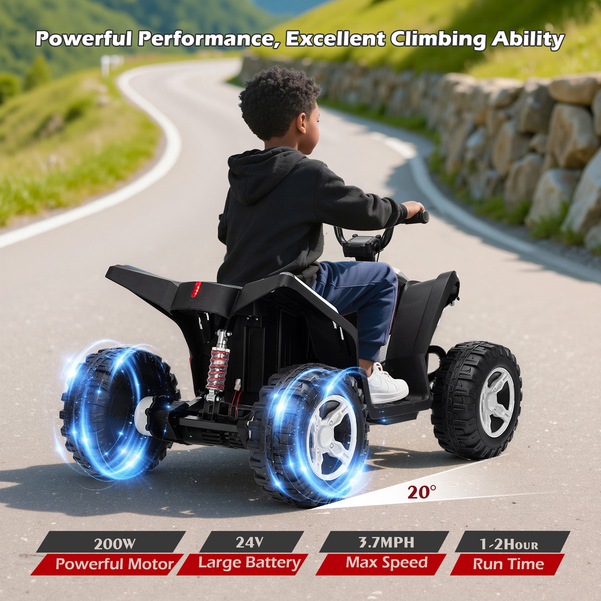 Letsgokid Kids ATV 4 Wheeler, 24V 2 Seater Electric ATV Ride On Toy for Big Kids with 110lb Weight Capacity, 200W Motor, 3.7Mph Max Speed, Spring Suspension, LED Lights, Music