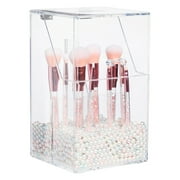 Clear Acrylic Makeup Brush Holder with Lid, Decorative Cosmetic Brushes Storage Organizer with Pearls, 6 x 5.7 x 9.25 in