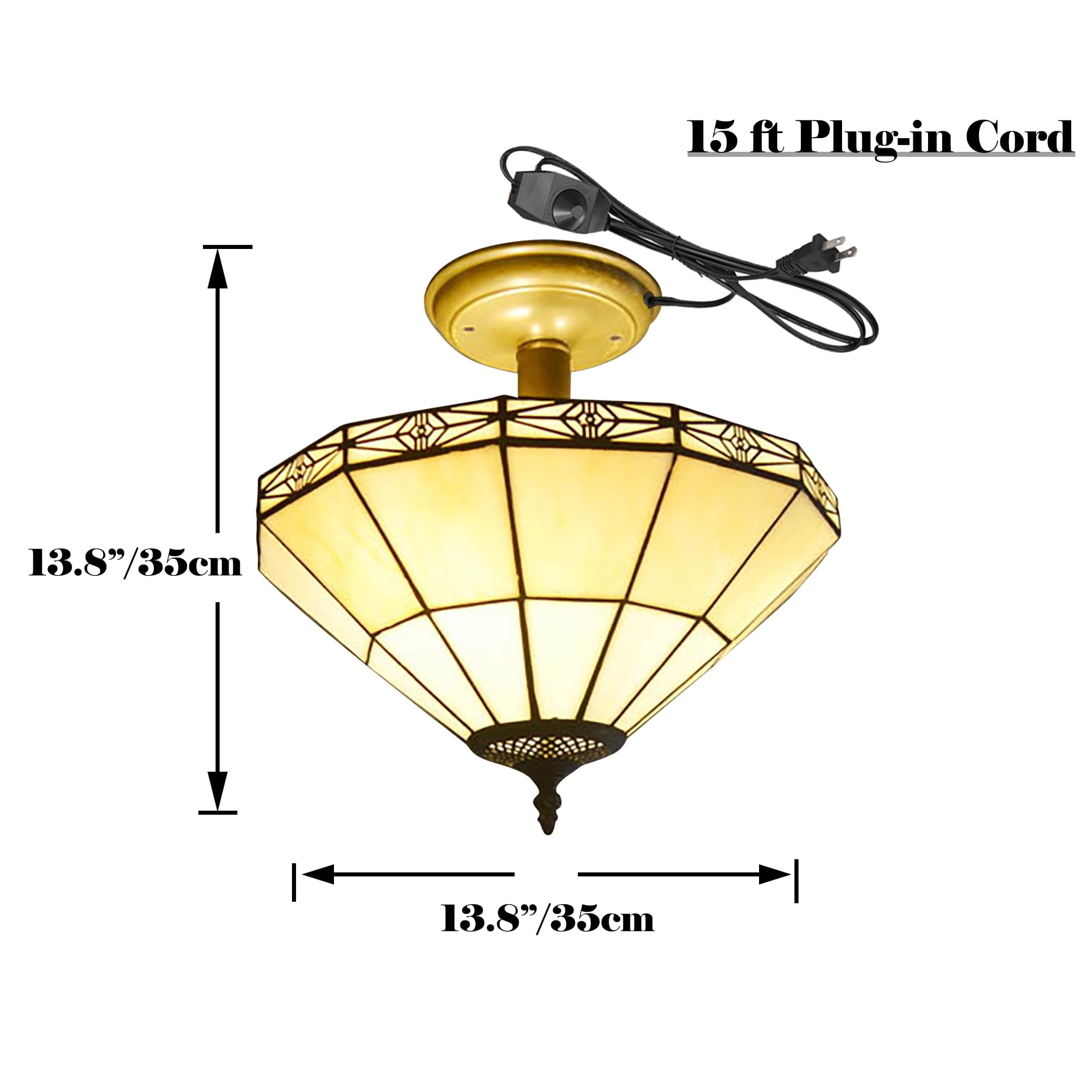 Kiven 13.8in Flush Mount Ceiling Light Fixture Dimmable, 3-Light Anti Glare Close to Ceiling Light with 15FT Plug-in Cord, Tiffany-Style Glass Chandelier for Bedroom Kitchen Hallway(No.3197)