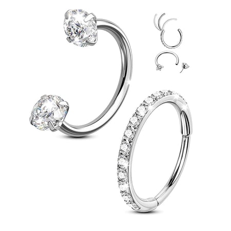 Nose Rings Set 2pcs 316L Stainless Steel Zircon Circular Barbell Horseshoe Septum Clicker 20G Body Piercing Jewelry