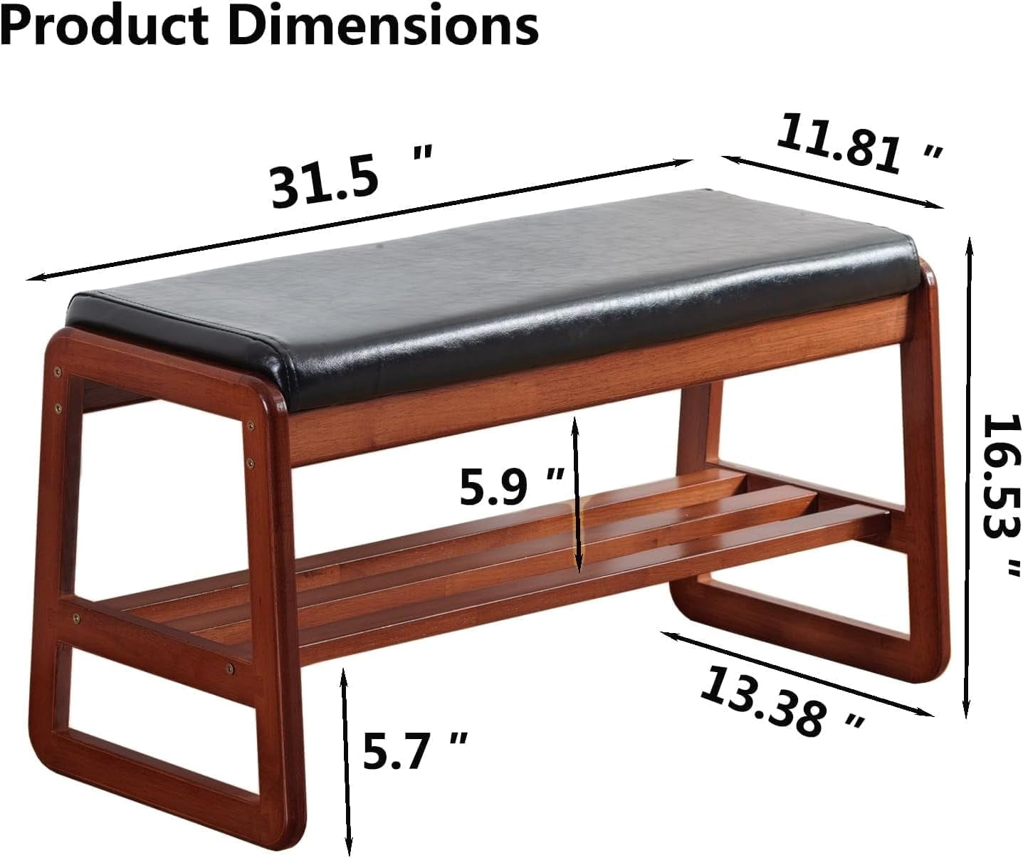 Solid Wood Shoe Bench, 2-Tier Wooden Entryway Bench, Modern Shoe Rack with Faux Leather Cushion for Hallway, Living Room