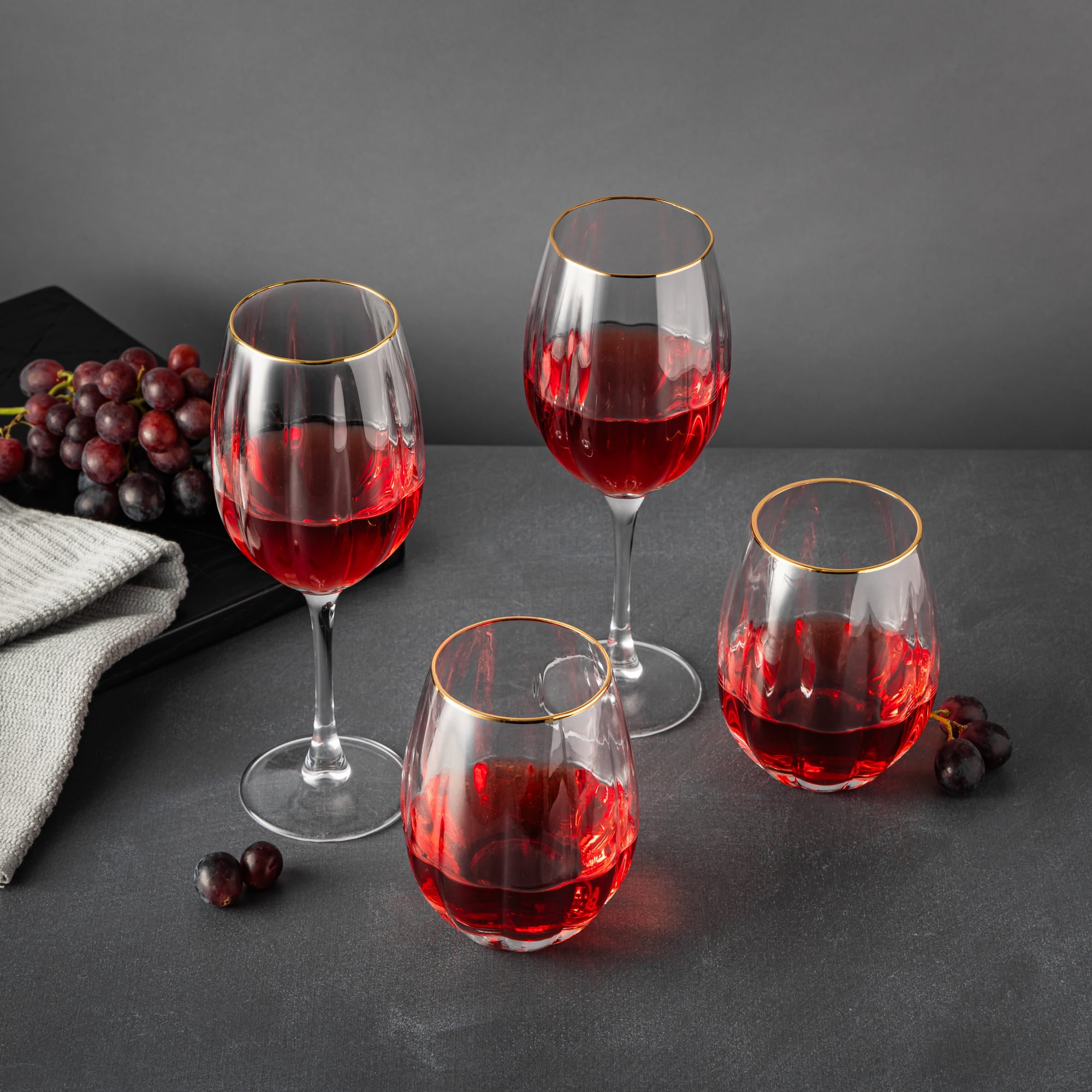 Thyme & Table 16 fl oz & 18 fl oz Scalloped Wine Glasses with Gold Rim, Set of 4