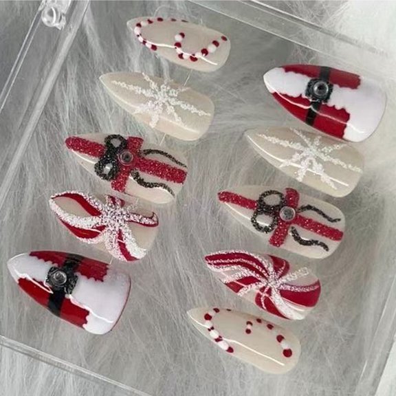 Red White Striped Nails Art 30pcs Snowflake Designs ABS Press On Nails Durability Comfortable For Festive Occasions
