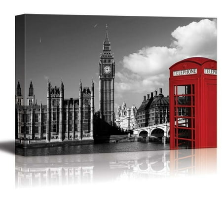 Wall26 Black And White Photograph With Pop Of Color On A Red Wall26 Black And White Photograph With Pop Of Color On A Red Telephone Booth In London Canvas Art Home Decor 12x18 Inches