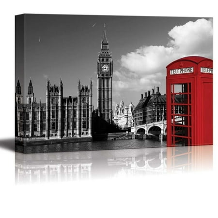 wall26 Black and White Photograph with Pop of Color on a Red Telephone Booth in London - Canvas Art Home Decor - 24x36