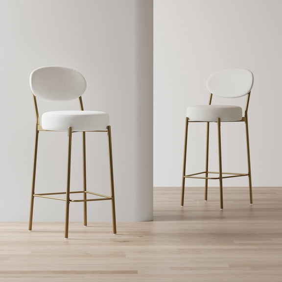 SAYGOGO 29'' Creamy White Velvet Bar Stools Set of 2, Upholstered Counter Stools with Backrest Footrest Gold Frame