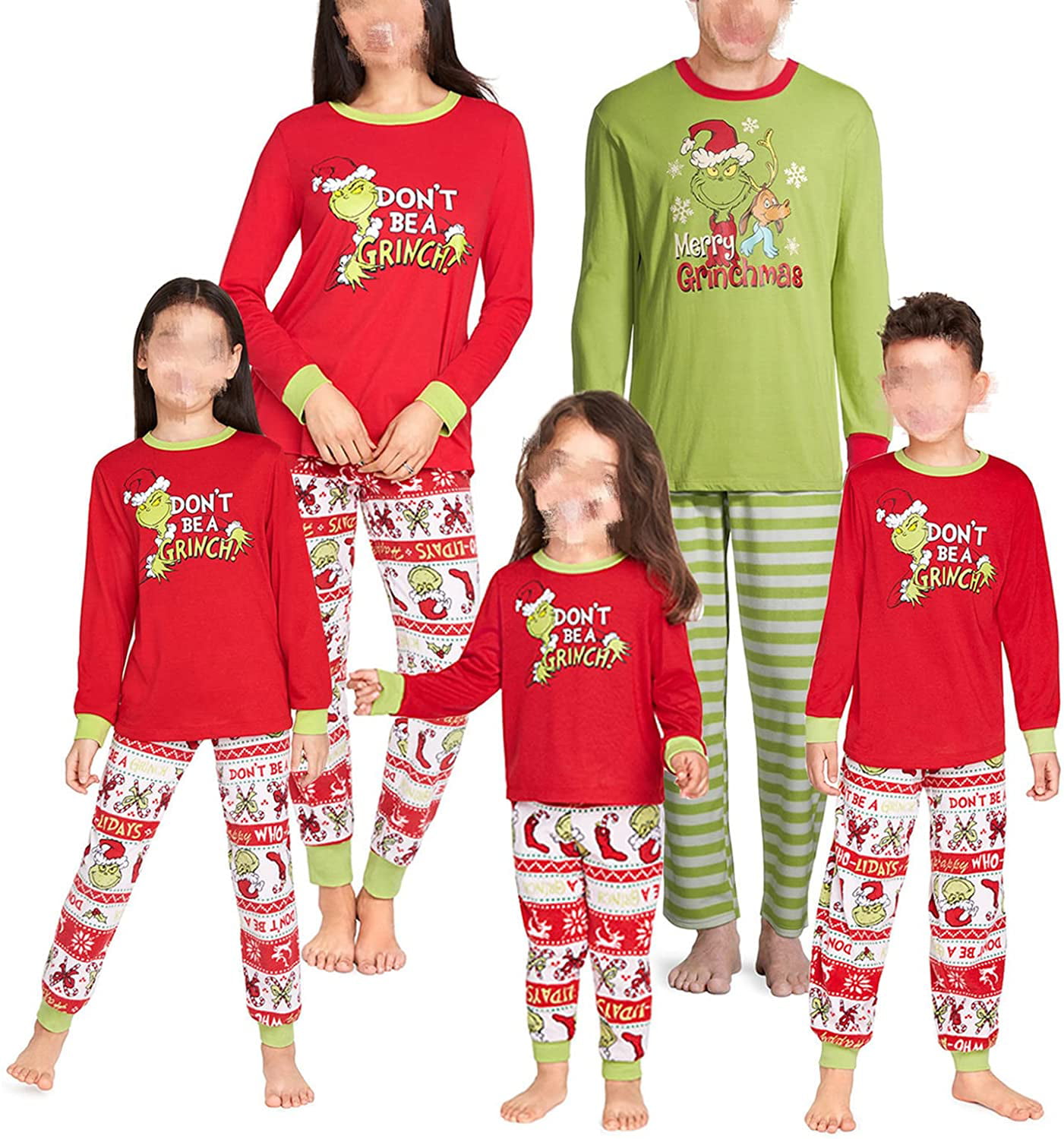 Grinch Family Matching Christmas Pajamas Long Sleeve Sets Round Neck Homewear Outfit Cotton Sleepwear Set Tight-fit 2-Piece Pajama Set