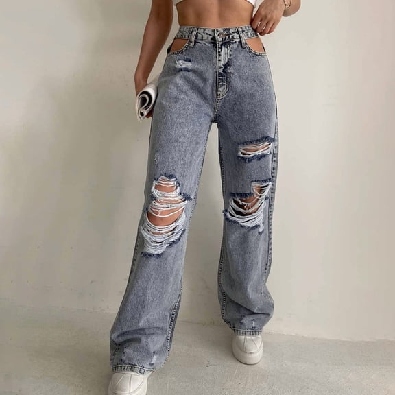 Jeans For Women Fashion Soild Color Hollow Out Straight Pants Long Pants With Pocket Jeans For Women Blue,4