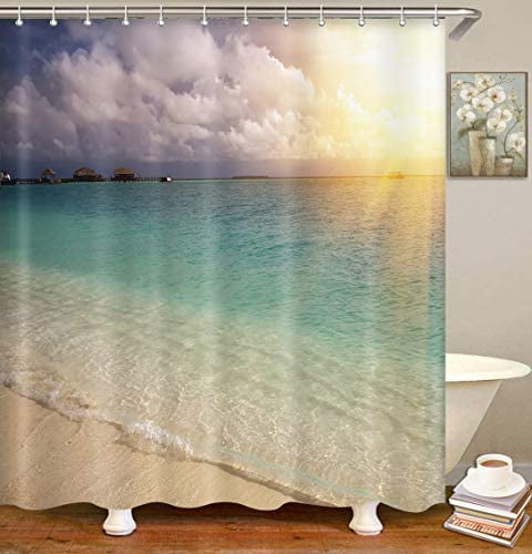 Sunset Beach Bathroom Mat Waterproof Polyester Fabric Shower Curtain 12 Hook 72" 
