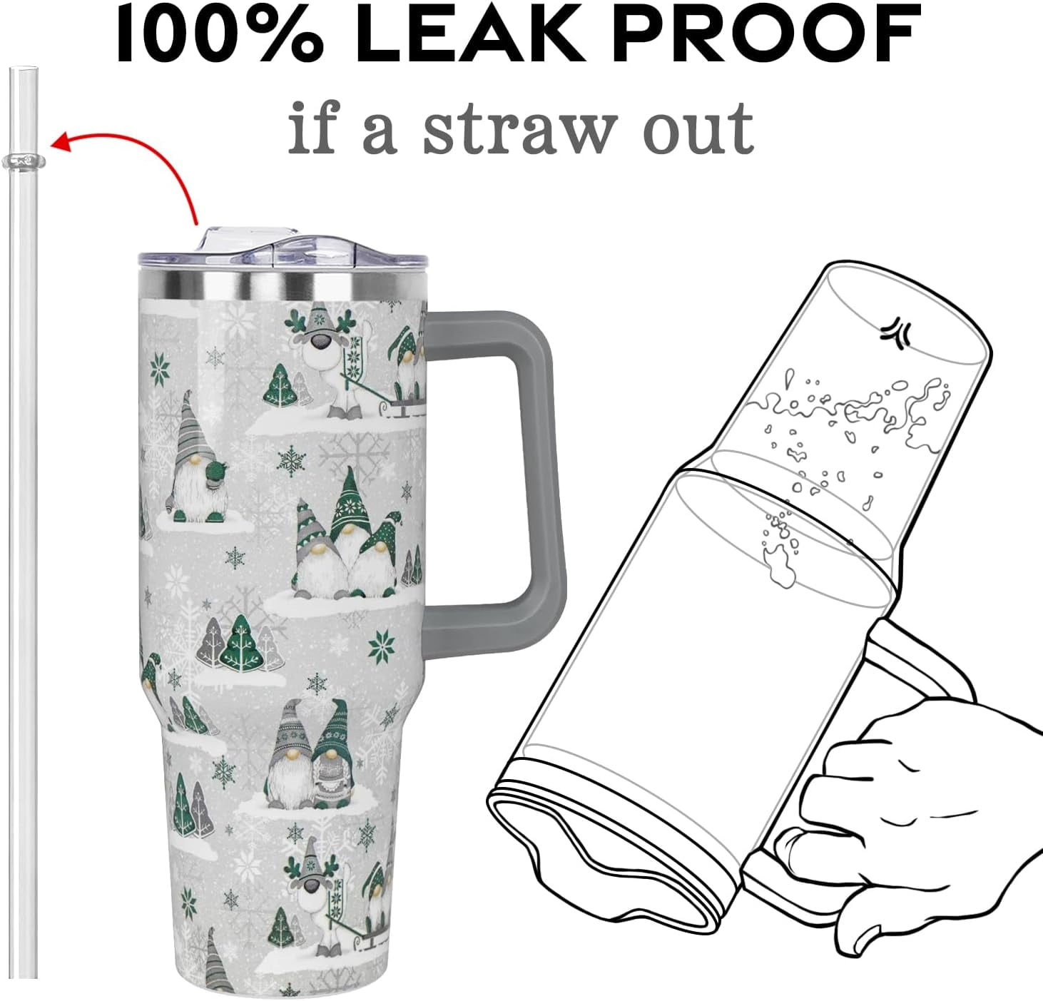 Christmas Gifts 40 oz Tumbler with Handle and Straw Lid,Cute Gifts for Women Winter Gnome Vacuum Insulated Leak Proof Tumbler,Holiday Accessories Stainless Steel Coffee Cup Mug (Green)