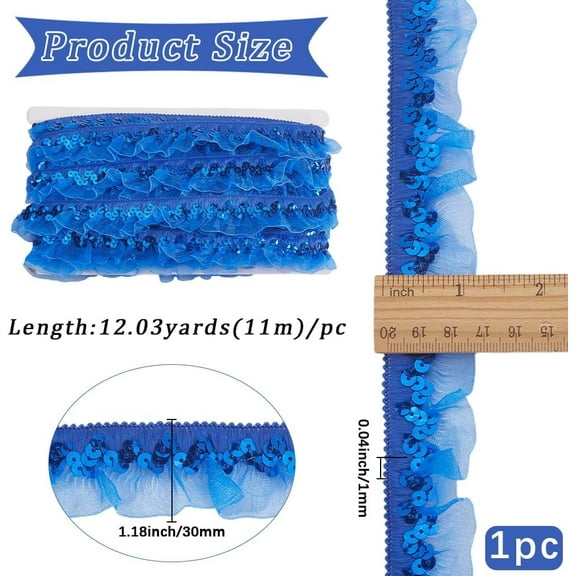 11m 3cm Sequin Organza Lace Edge Trim Elastic Pleated Fabric Ribbon Royal Blue Gathered Mesh Stretch Ruffled Fringe Applique Trimming for Sewing Gift Package Wrapping Cloth Crafts