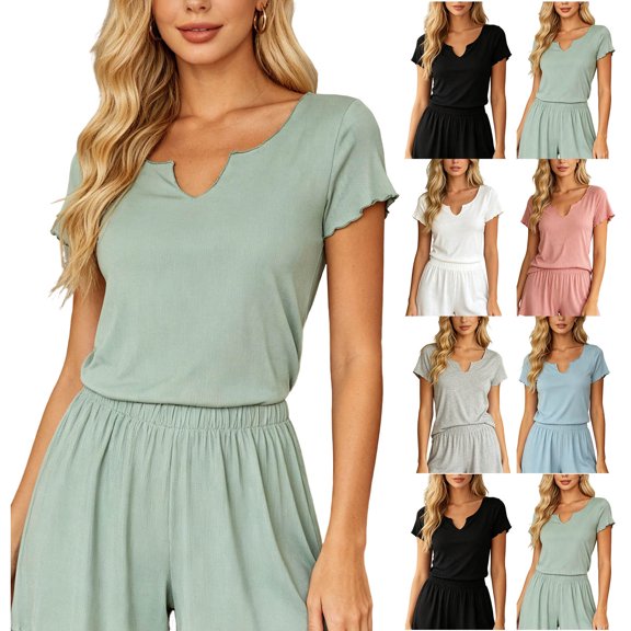 Bixock Women Pajamas Tops Loungewear Shirts Short Sleeve T‑Shirt Top V Neck Solid Color Stretch Knit Slim Daily Indoor Homewear Sleepwear Casual Women Clothings