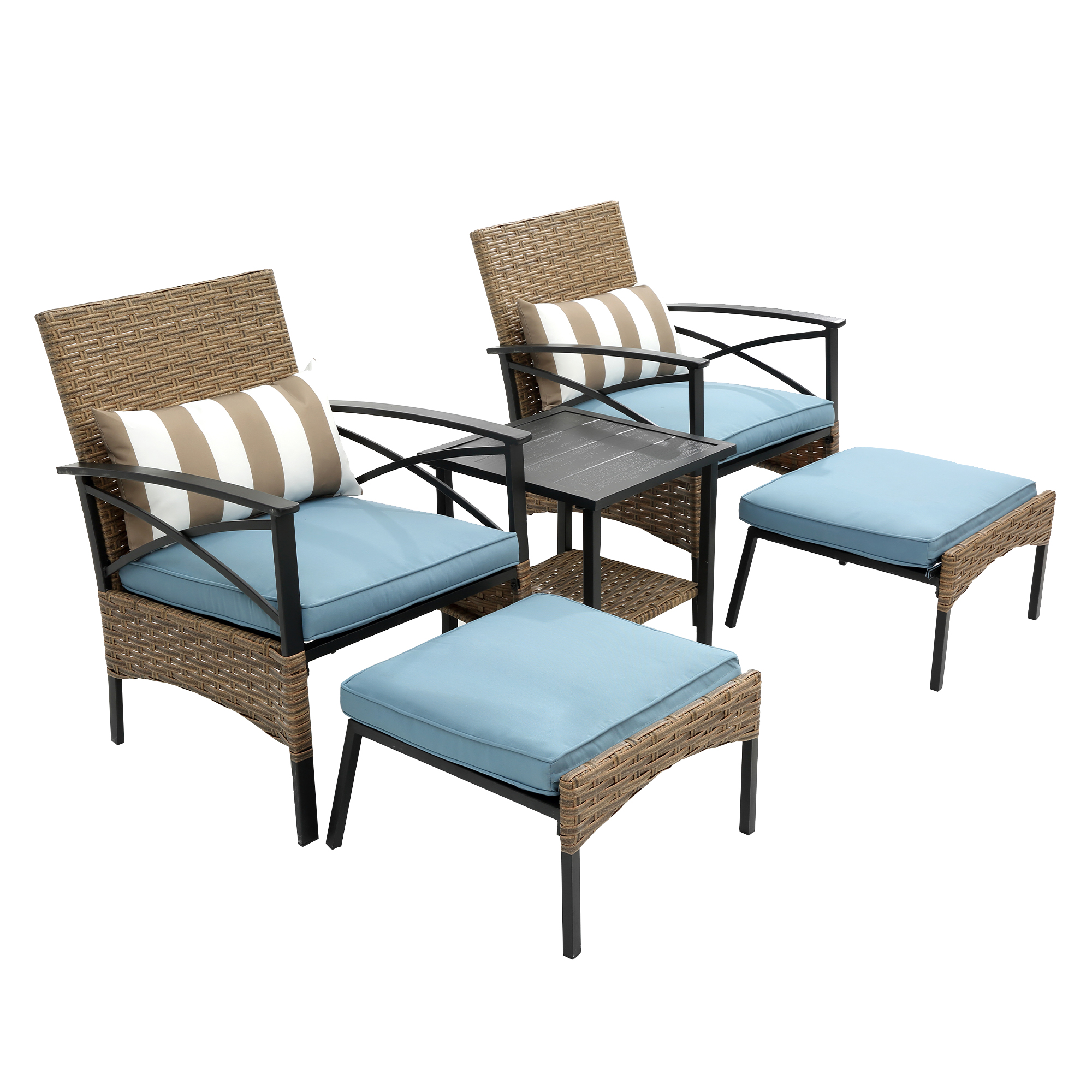 SYNGAR 5 Piece Outdoor Patio Furniture Set, PE Rattan Sectional Furniture Set with Coffee Table, Cushioned Chair and Ottoman, Patio Conversation Sofa Set, for Garden, Yard, Deck, Poolside, Blue, D1067 - image 4 of 10