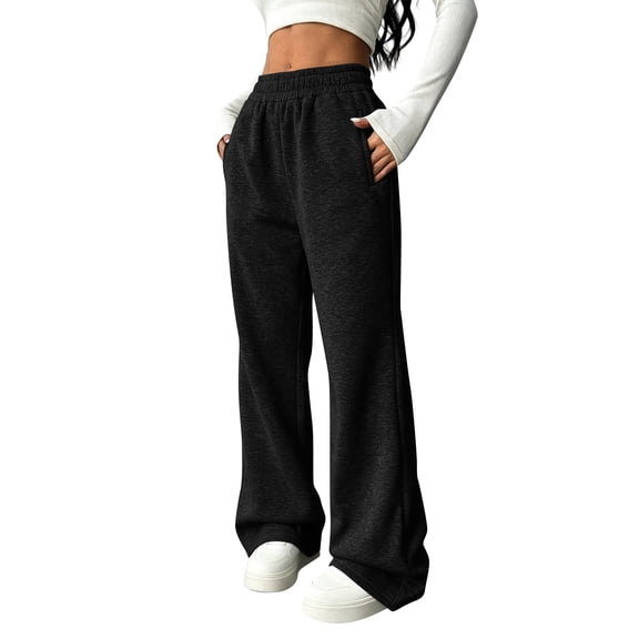 Rexolia Women's High Waist Brushed Fleece Sweatpants Wide Leg Open Bottom Warm Lounge Pants Black L
