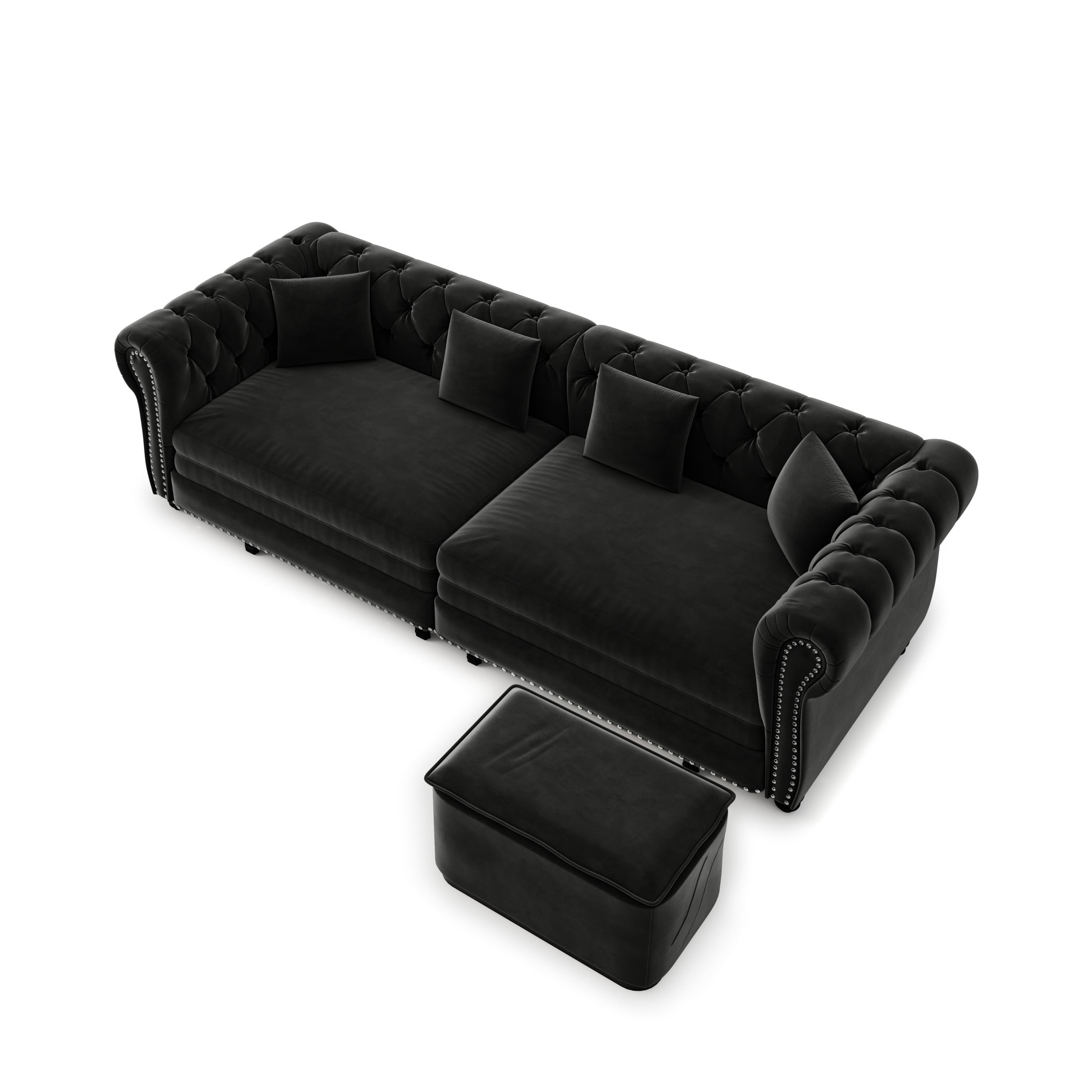 Noble House Ulwick Velvet Chesterfield Pull-Out Sofa Bed, 3-in-1 Convertible Sleeper Couch with Movable Ottoman, Black
