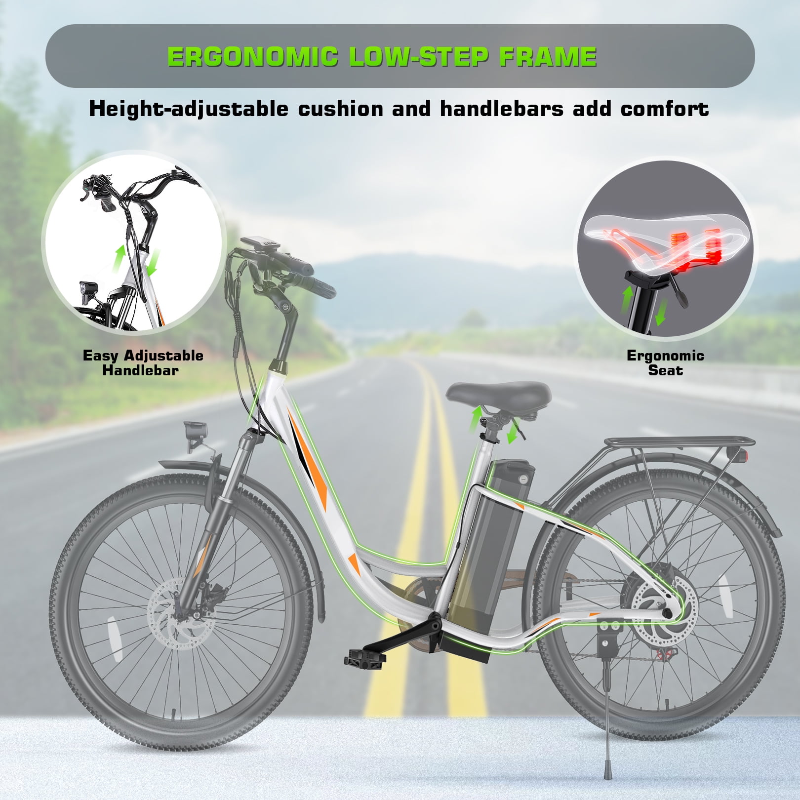 Elifine 26" 500W Electric Bike for Adults, 48V 7.8Ah Battery City Ebike Adult, Cruise Control Mode, Low-Step Thru Hybrid Electric Cruiser Bicycle, Shimano 7 Speed Commuter E-Bikes for Women, UL2849