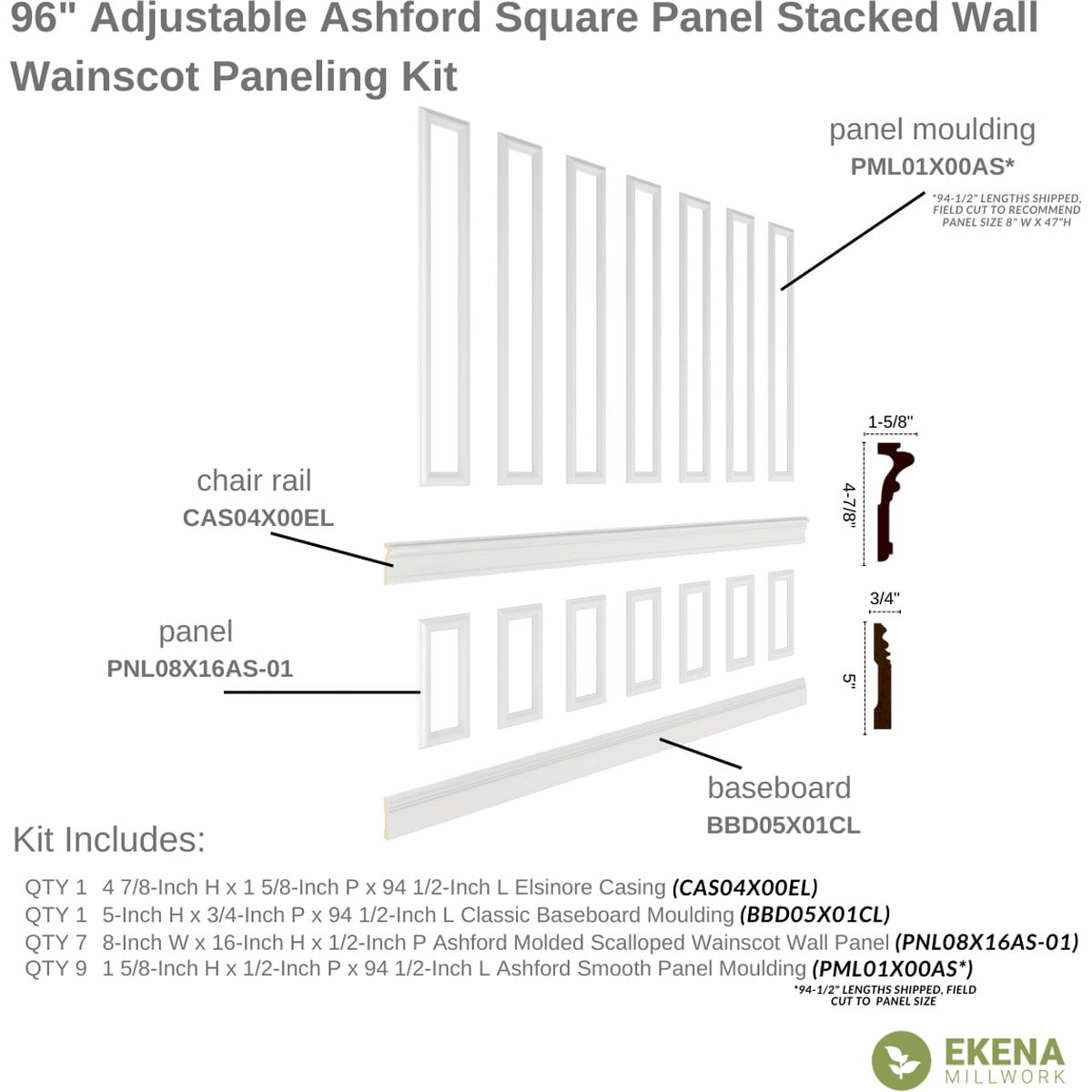 Ekena millwork 94 1/2"L (Adjustable 94 1/2"H to 120"H) Ashford Square Panel Stacked Wall Wainscot Paneling Kit