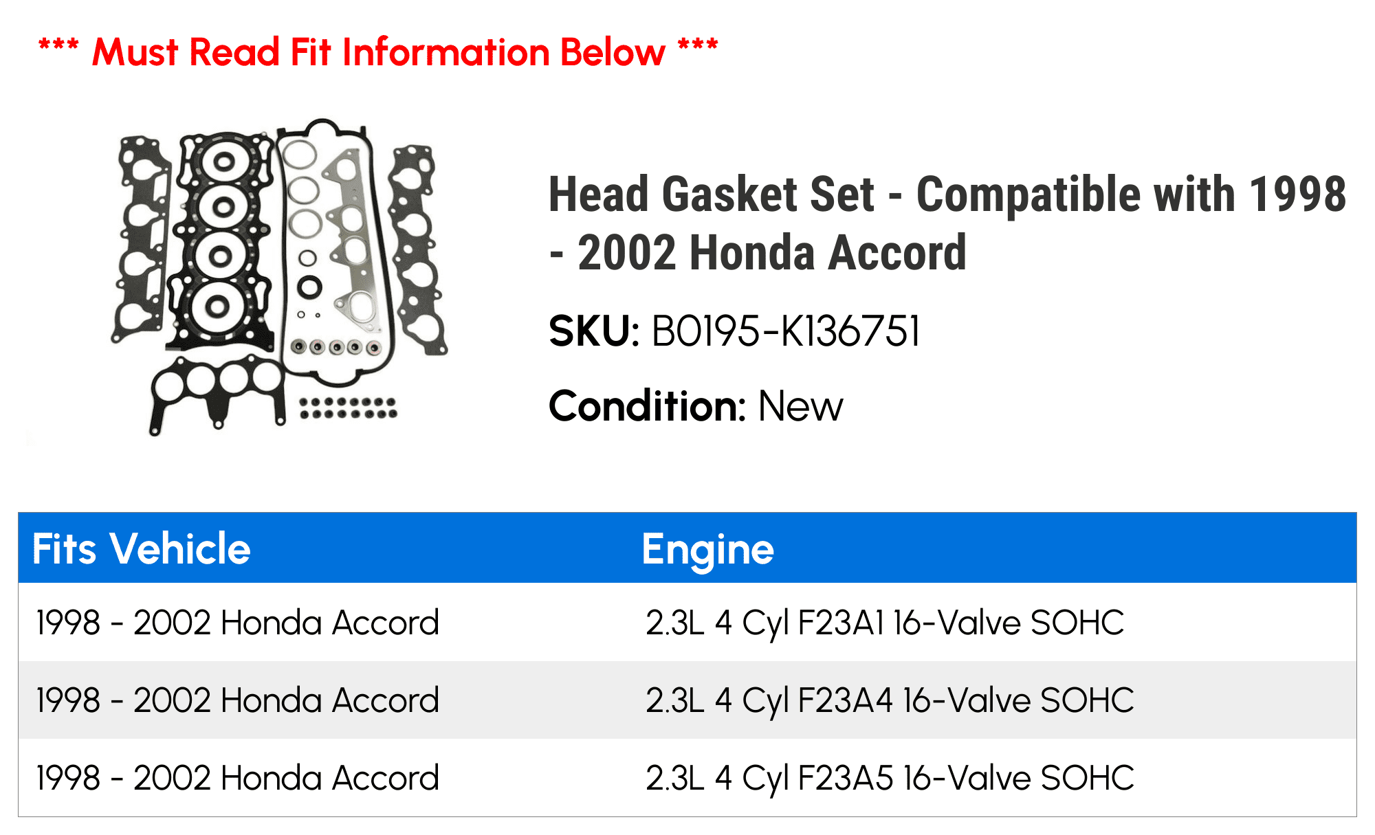 Head Gasket Set Compatible with 1998 2002 Honda Accord 1999 2000 2001 