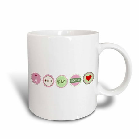 Frilly Hearts (3dRose Pink and Green Love Paris girly design - Eiffel tower Bonjour heart and oh la la frilly circles, Ceramic Mug,)