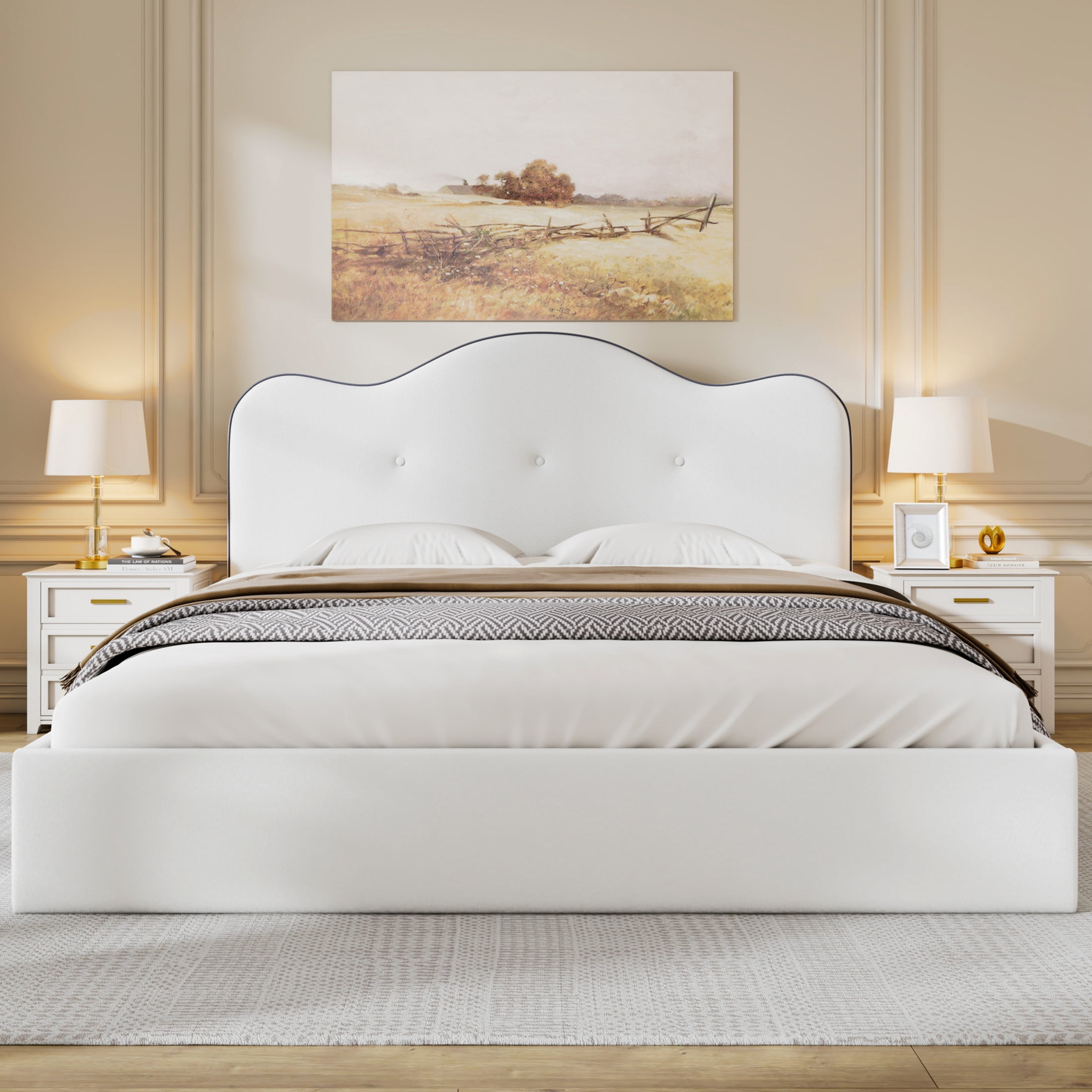 Noble House Zahra Queen Size Velvet Upholstered Platform Bed, Pine Wood Bed Frame with Foam Headboard, Beige