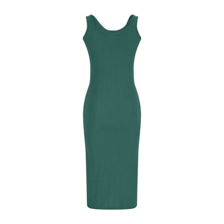 Uaswgudfs Sleeveless Knit Midi Dress for Women Summer 2025 Casual Button-Front Sundress with Vertical Texture & Slit Hem Green M