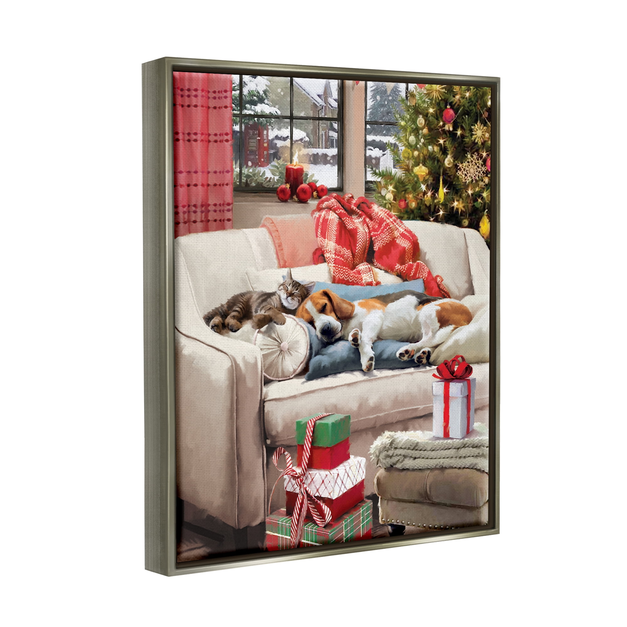 Stupell Industries Pets on Holiday Couch Holiday Painting Gray Floater Framed Canvas Art Print Wall Art, 17 x 21