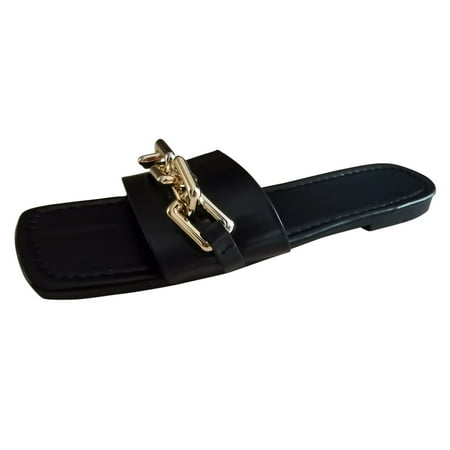 

iOPQO Women s slipper Women s Summer Flat Sqaured Toe Daily Slippers Outdoor Chain Slip On Shoes summer new large size square Black 38