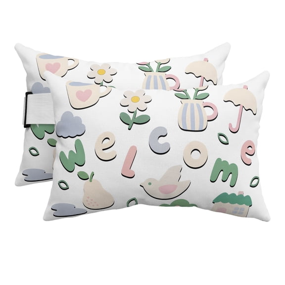 2PCS Outdoor Pillow for Chaise Lounge Chair Welcome Words Cartoon Bird Waterproof Headrest Cushion with Insert Umbrella Teacup Flower Adjustable Lumbar Pillow for Beach Patio Poolside Office,11x16in