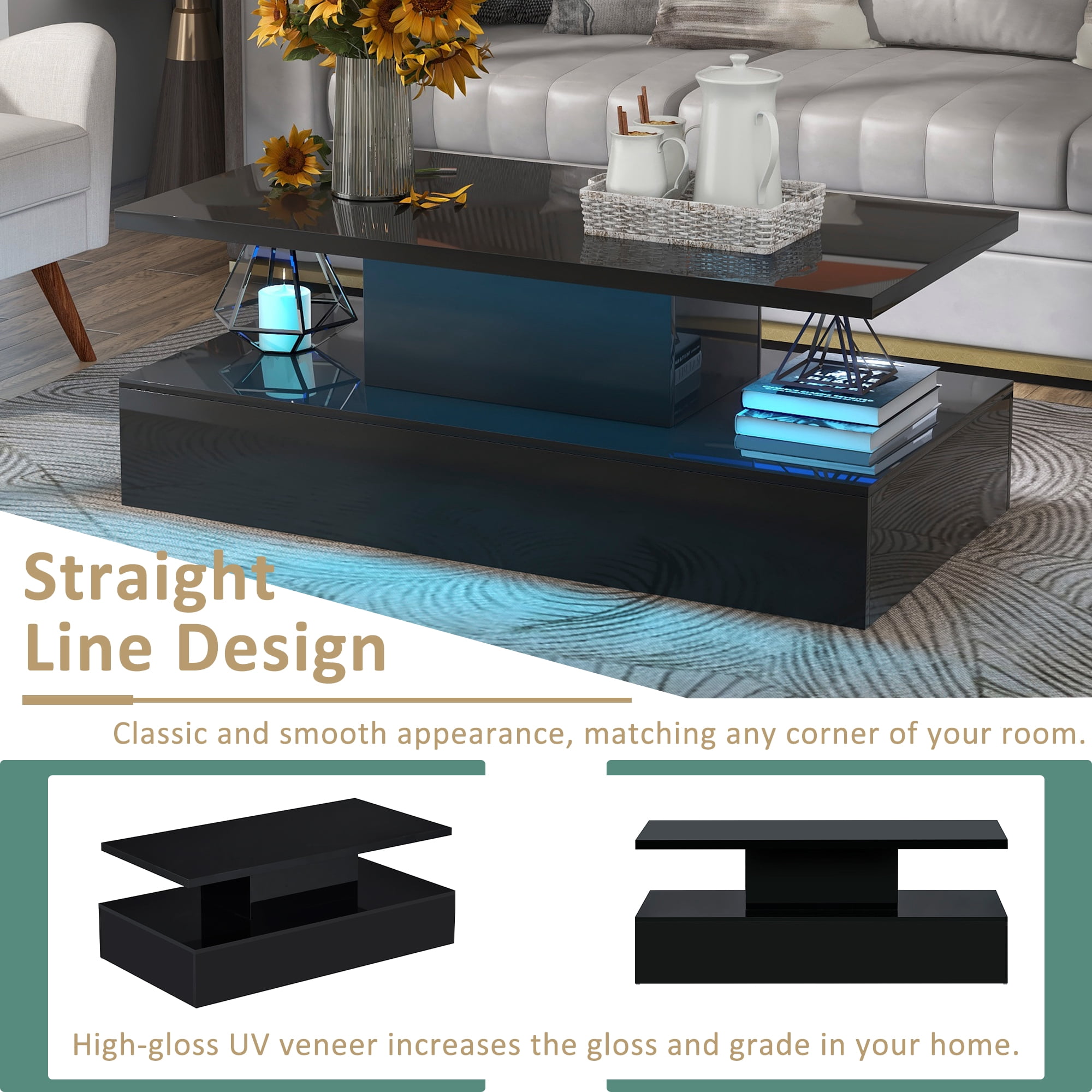 MAYEERTY Modern Industrial Coffee Table with LED Lighting, 16-Color Options & Remote Control, Cocktail Table for Living Room, Black