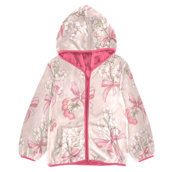 BZSMCE Double-Sided Sherpa Fleece Hooded Zipper Jacket Pink Cherry Bow Pattern Print Warm Outerwear