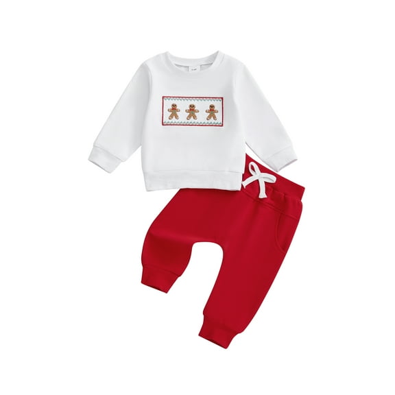 Gzhioc Toddler Baby Boys Christmas Fall Clothing Set 0 6 12 18 24 Months 2T 3T Crew Neck Embroidery Gingerbread Man/Elk Sweatshirt with Sweatpants