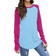 thumbnail image 2 of Fall T-Shirt for Women Women's Color Block Round Neck Loose Long Sleeve Medium Length Leaky Thumb T-shirt Top, 2 of 6