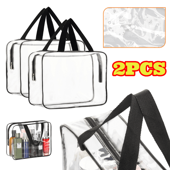 2pcs Large Clear Makeup Bag with Handle, Plastic Storage Organizer Cosmetic Bags, Zipper Tote Bags for Travel, Waterproof