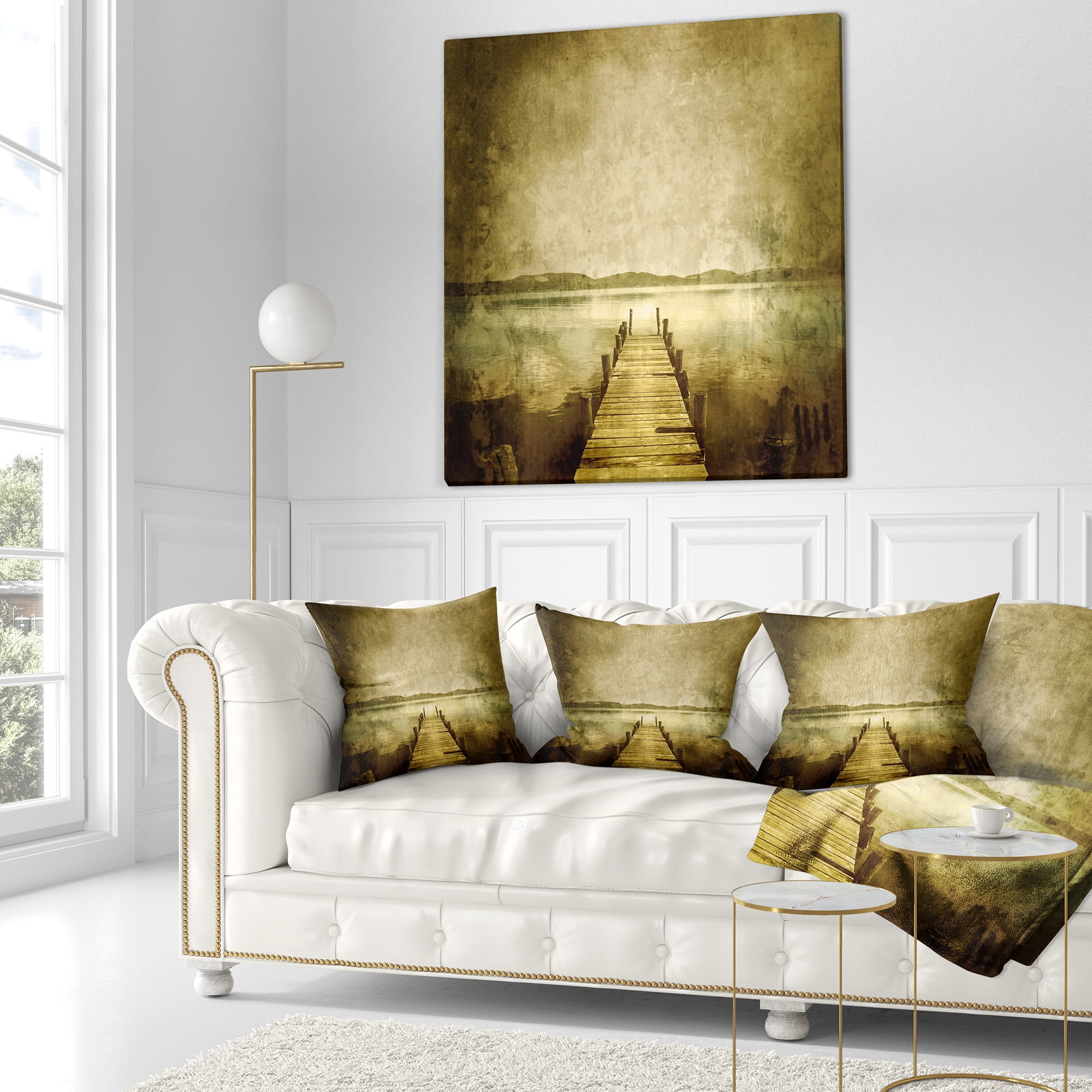 Designart Vintage Pier Over Lake - Landscape Printed Throw Pillow - 18x18