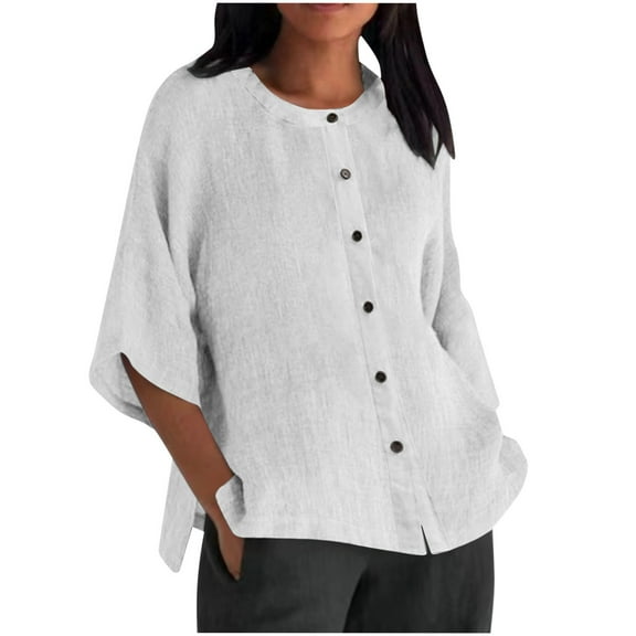 Tungbrin Plus Size Cotton Linen Oversized T Shirts for Women Fall Casual Half Sleeve Round Neck Button down Tops