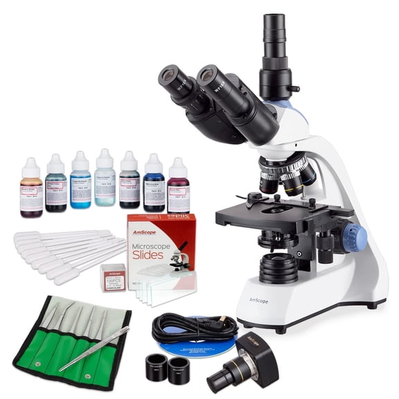 AmScope 40X-2500X LED Trinocular Compound Microscope with 3D Two-Layer Mechanical Stage, 5MP Digital Camera and Vital Stain Kit for Living Cells