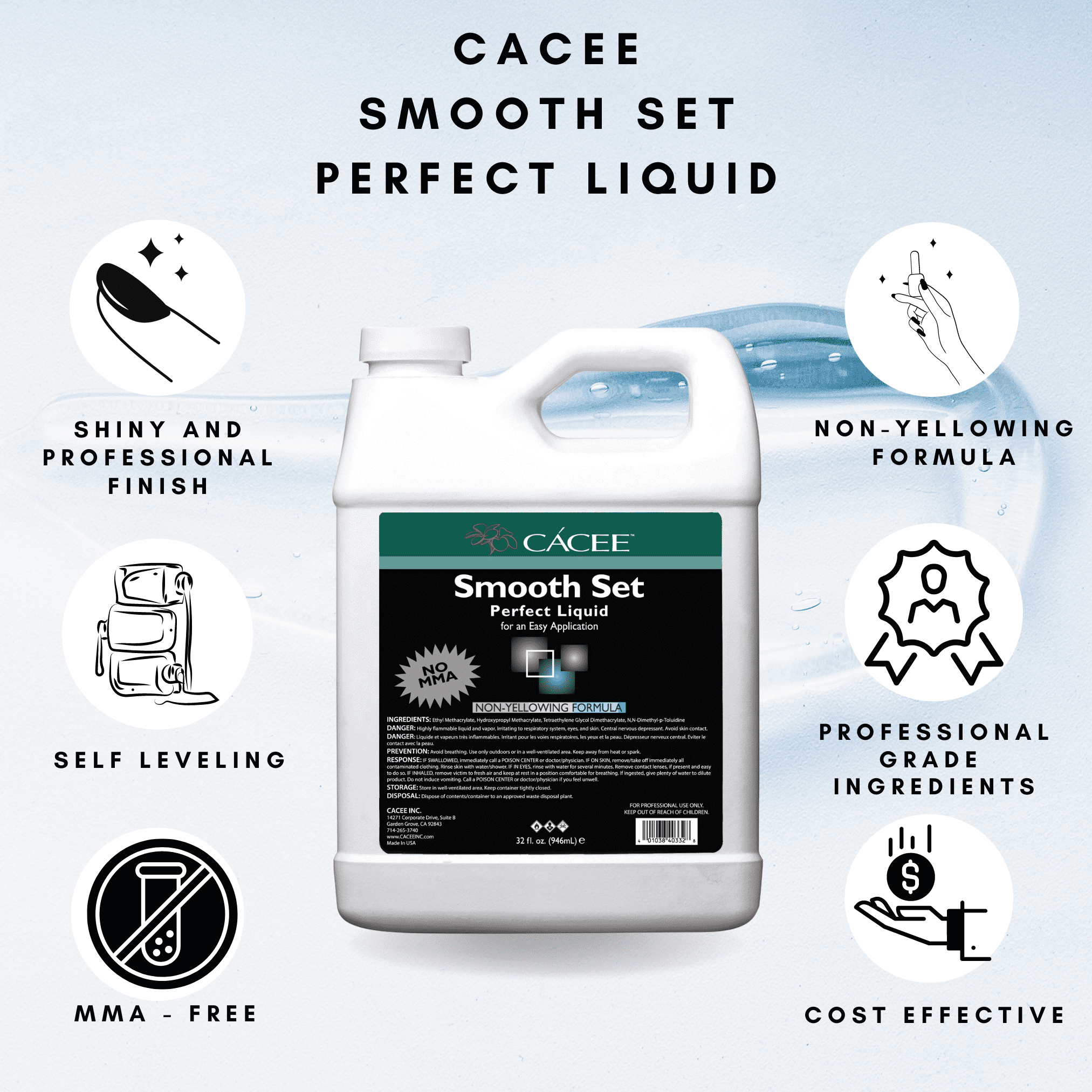 Smooth Set Perfect Acrylic Nail Liquid by Cacee, Acrylic Monomer That Protects and Enhances Nails, Professional and Flexible Non-Yellowing Formula, Does Not Contain MMA, Self-Leveling (32 oz)