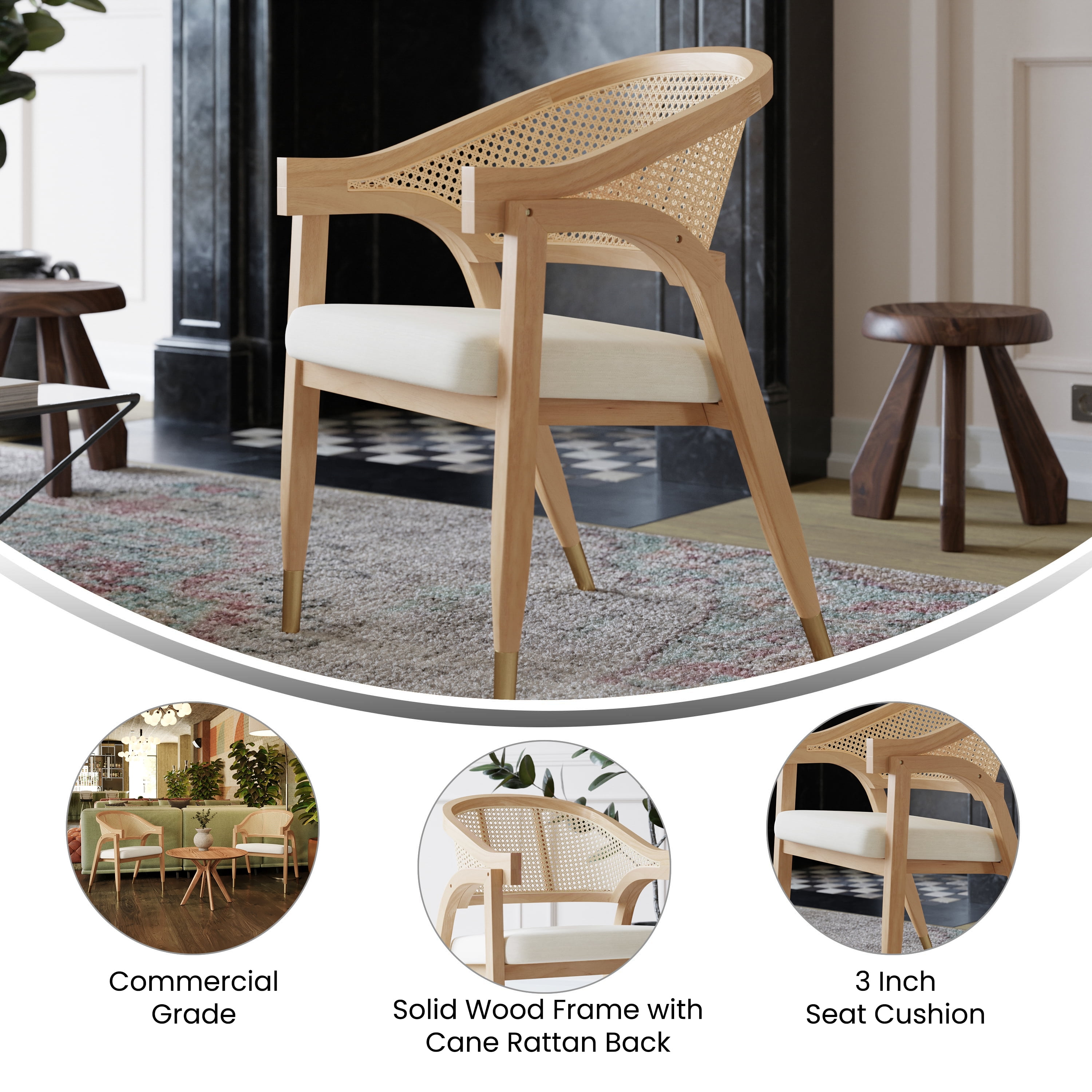 Merrick Lane Cane Rattan Padded Accent or Dining Chair with Gold Accented Legs in Natural