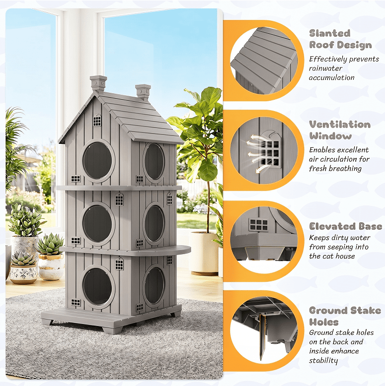 Fazzn Outdoor Cat House with Porch: Weatherproof Insulated Shelter for Cats, Kittens, and Puppies, Including Feral Cats. Features Multiple Entrances, an Elevated Base, and Easy Assembly.Blue/Brown