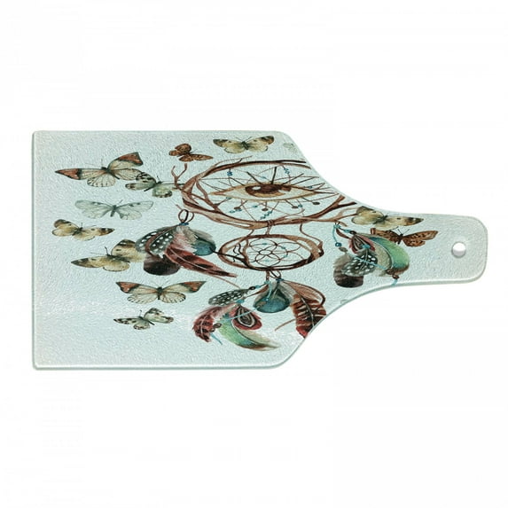 Feather Cutting Board, Dream Catcher with Butterflies and All Seeing Eye Watercolor Style, Decorative Tempered Glass Cutting and Serving Board, Wine Bottle Shape, Multicolor, by Ambesonne