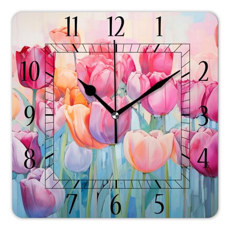 12 Inch Wall Clock Battery Operated Square Clock Decorative for Office, Kitchen, Outdoor, Living Room，Glass Painting Pink Tulips Lovely