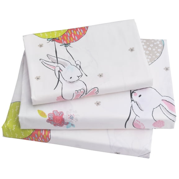 J-pinno Cute Cartoon Rabbit Bunny Twin Sheet Set for Kids Girls Children,100% Cotton, Flat Sheet + Fitted Sheet + Pillowcase Bedding Decoration Gift Set (Rabbit, Twin)
