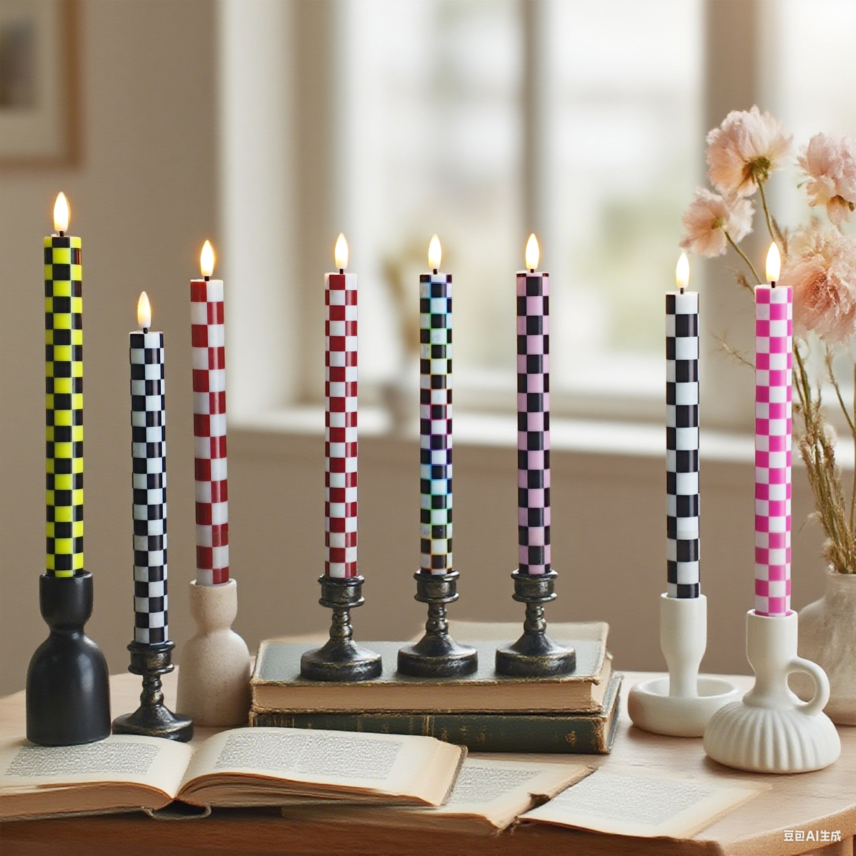 3PCS Flameless Taper Candles with Printed Pattern of Squared,10 Inch LED Candlesticks 3D Flickering Flame Candle Lights with Remote for Halloween Centerpieces Dinner Table Home Party Decor