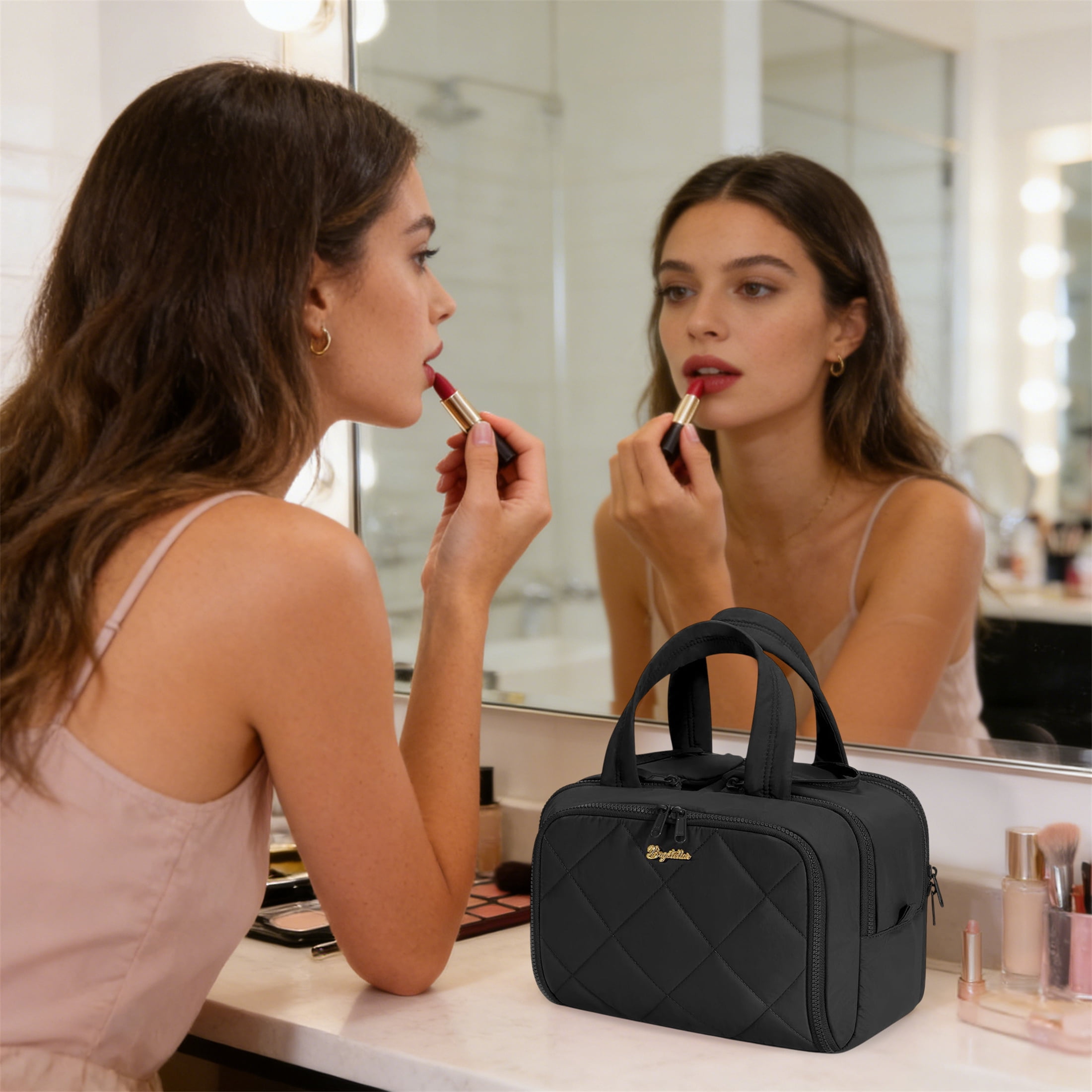 Puffy Travel Toiletry Bag for Women, Wide-Open Cosmetic Makeup Bag Organizer with Handle, Lightweight Quilted Travel Bag for Accessories, Essentials, Toiletries, Black