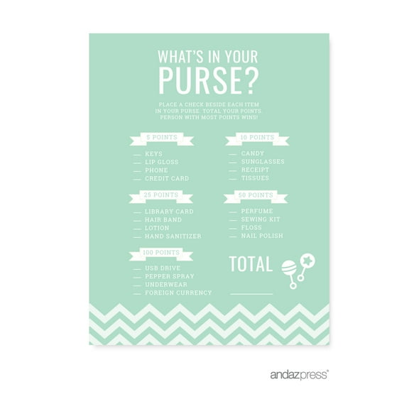 What's In Your Purse? Mint Green Chevron Baby Shower Games, 20-Pack