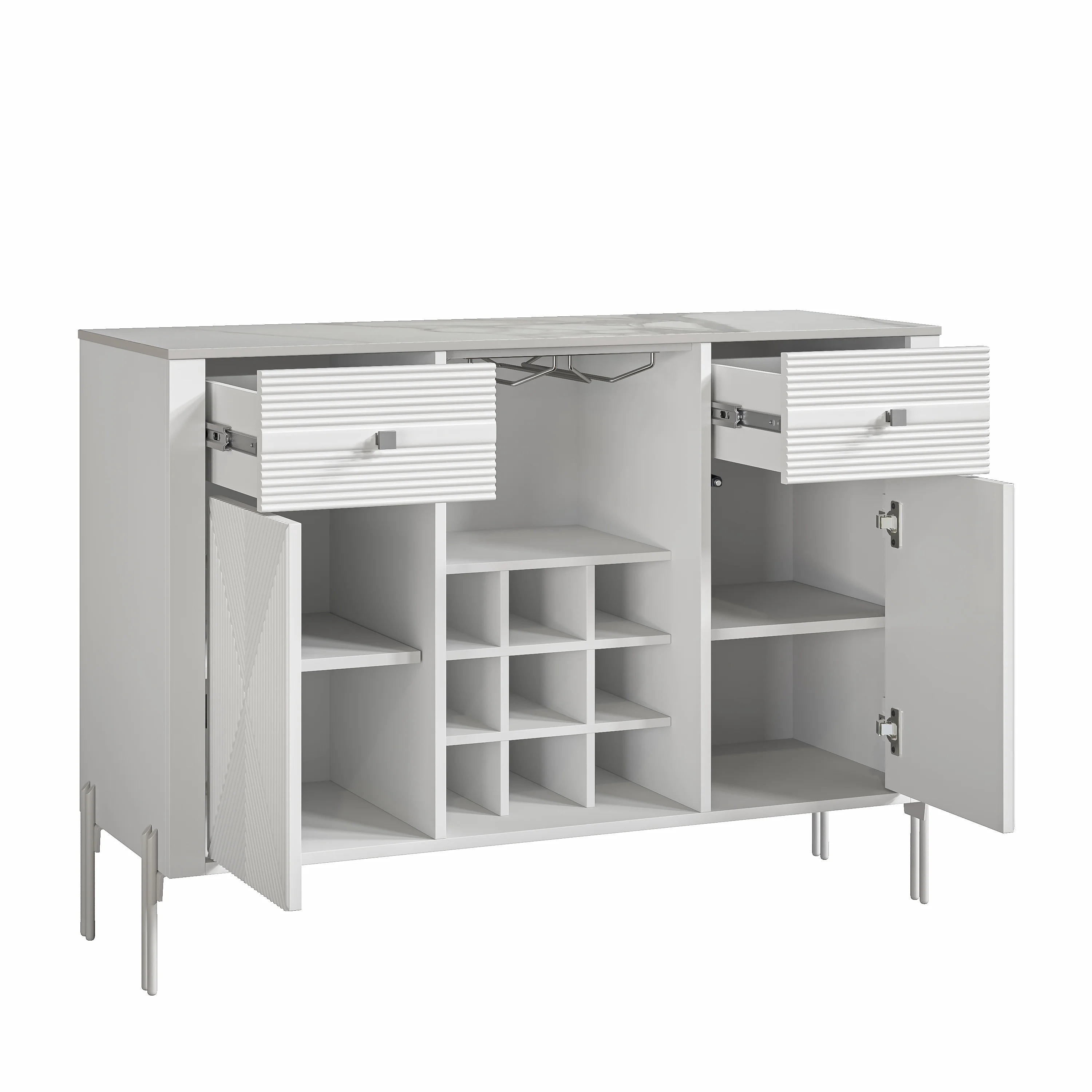 42" Wine Cabinet – Metal Glass Rack, Wood Grid, Adjustable Shelves, Drawers & Slate Top，White