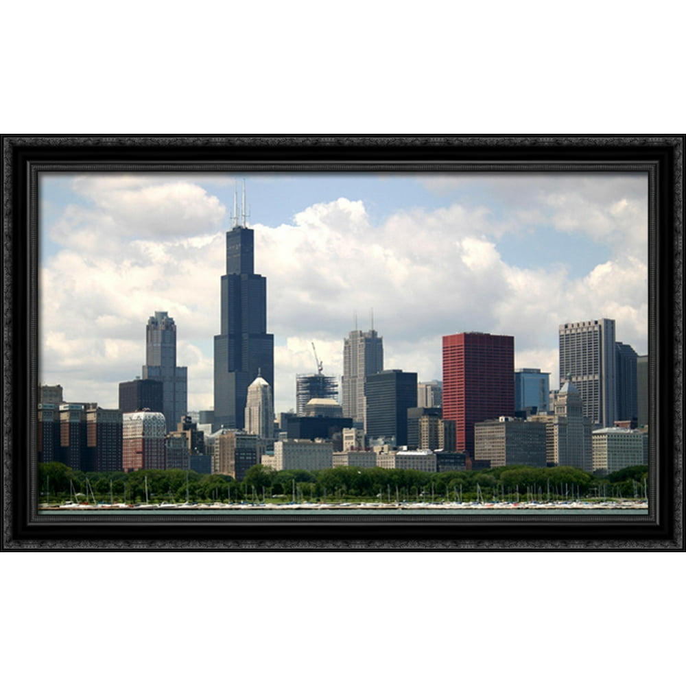Chicago City Skyline 40x24 Large Black Ornate Wood Framed Canvas Art