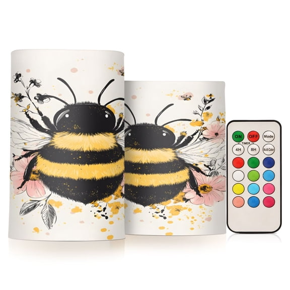 ALAZA A Bee with Flower 2 PCs LED Flickering Flameless Candles with Remote Timer Battery Operated Candle